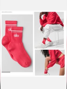 ALO YOGA Unisex Half-Crew Throwback Sock Limited Edition: Candy Red/White NWT